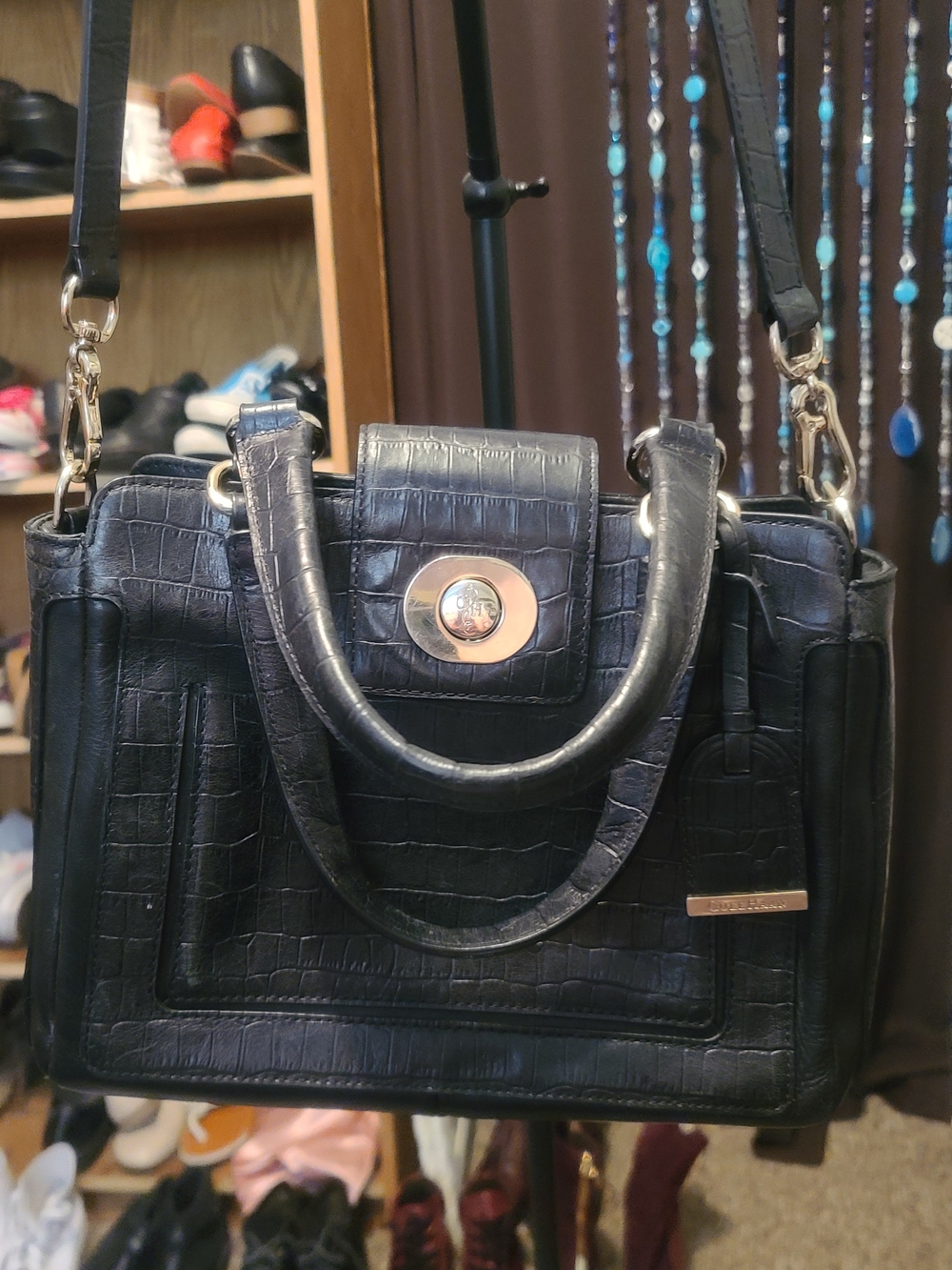 Cole Haan Black Croc-Embossed Crossbody Satchel